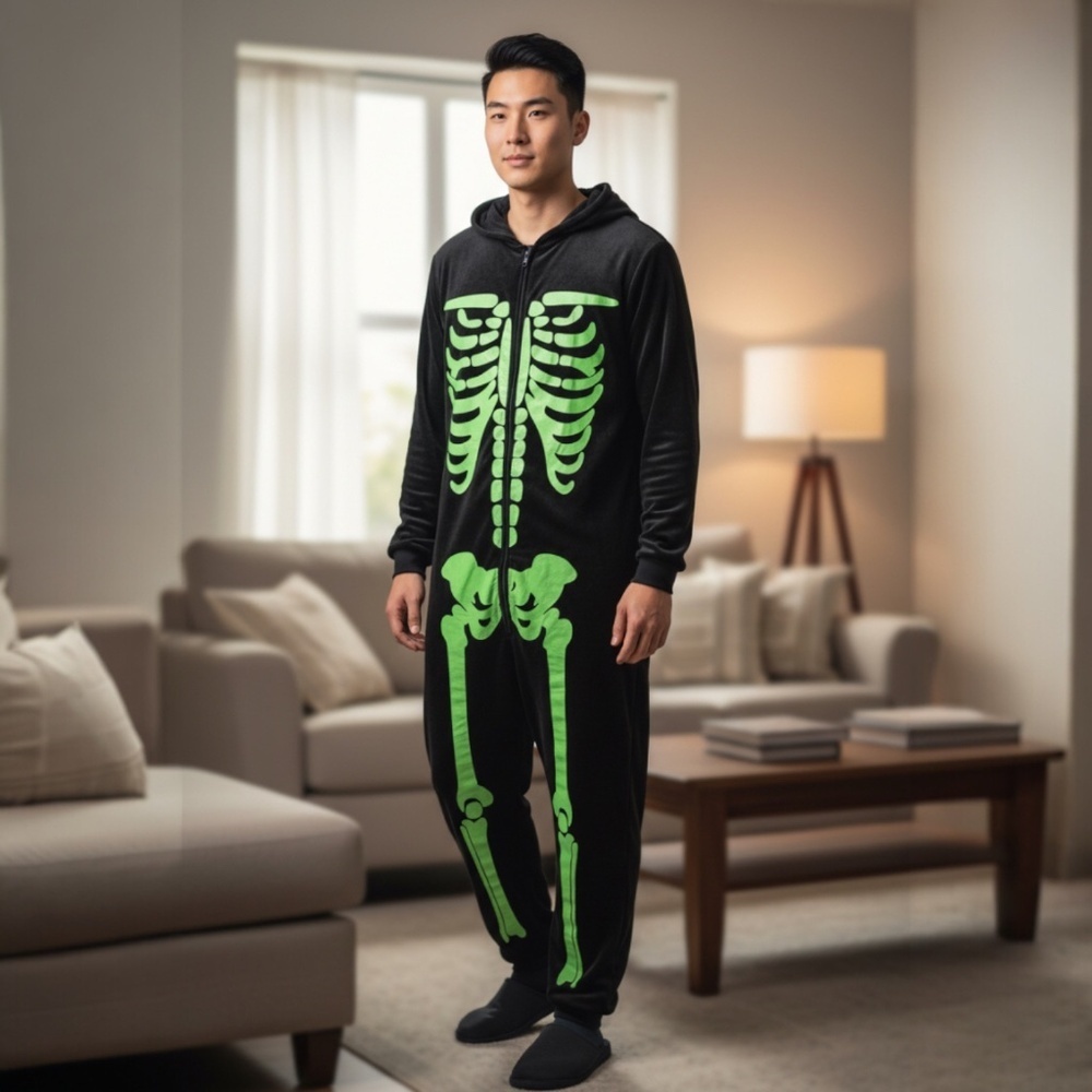 NWT #followme Unisex Skeleton Bodysuit XXL, Glow Green Bones! Cosplay, Pajamas